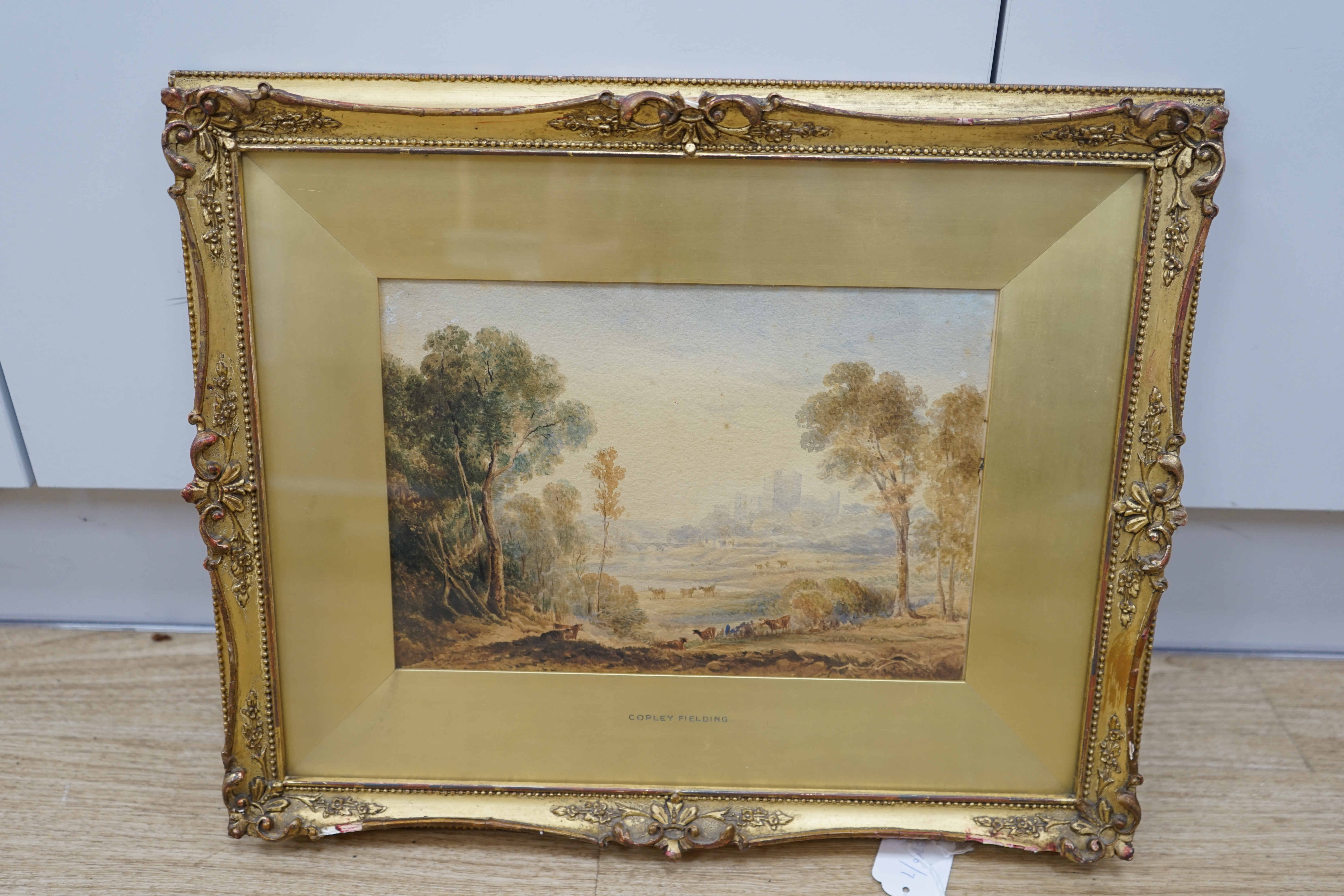 Copley Fielding (1787-1855), watercolour, Pastoral landscape with cattle, signed and dated 1809, 19 x 29cm, gilt framed. Condition - fair